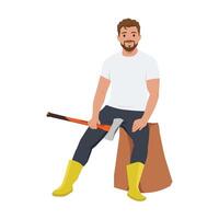 Relaxed Lumberjack Taking a Break sits on a tree stump holding an axe. vector