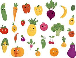 Set of cute fruit and vegetable characters in kawaii style. Cartoon smiling fruit and vegetable faces. vector