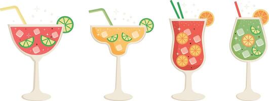 Summer cocktails set. Glasses of summer refreshing drink with ice and lime slices on the white background. vector