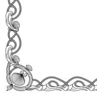 Nautical Corner Frame Rope, Shells, Waves Black And White Border vector