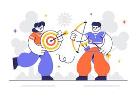Flat Cartoon of Archery Activity with Sportsman Shooting Arrow at Target Board vector