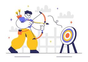 Flat Style of Archery with Athlete Aiming Bow and Arrow at Bullseye Target vector