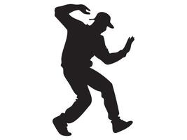 Black silhouette of dancing man in dynamic pose, isolated on white background, graphic illustration. concept of dance, modern movement, hip hop, artistic expression vector