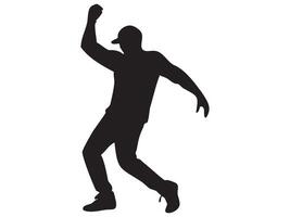 Black silhouette of dancing man in energetic pose, isolated on white background, graphic illustration. concept of movement, dance, performer, art, design element vector