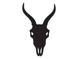 Black silhouette of goat skull with curved horns, isolated on white background, graphic illustration. Concept of wild animal skeleton, rustic tattoo symbol, occult and tribal design element vector