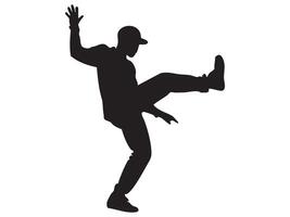 Black silhouette of dancing man in energetic pose, isolated on white background, graphic illustration. concept of movement, dance, energy, human form, design element vector