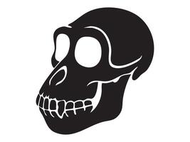 Black silhouette of a monkey skull with large eye sockets and visible teeth, isolated on white background, graphic illustration. Concept of primate anatomy, wild animal skeleton vector
