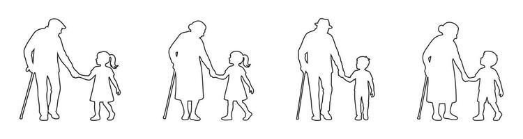 Set of black outline icons of grandparents walking hand in hand with grandchildren isolated on white background. Concept of family generations, childhood, elderly adults walking with children vector