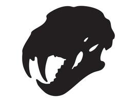 Black silhouette of saber-toothed tiger skull with large fangs isolated on white background, graphic illustration. Concept of prehistoric predator, smilodon skeleton, wild animal fossil design element vector