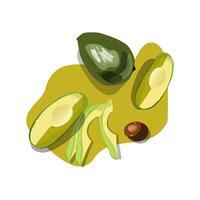 Avocado set background. Bright green whole fruit , half, slice, with bone. Products for healthy diet vector