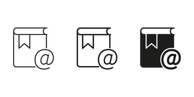 Address Book With Email Symbol Line And Solid Icon Set. Digital Contact Management And Online Communication Symbol Collection. Networking And Connectivity. Isolated Illustration vector