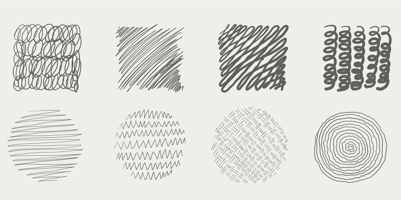 Hand drawn circular shapes and scribbles. Abstract contemporary doodle set of round pen circles and graffiti lines. Black isolated sketch on white background. Modern minimal design elements.