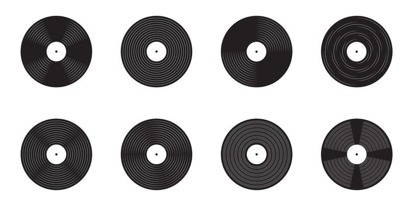 Collection of vinyl record icons Turntable LP music discs for old school disco party Vintage DJ tools for nostalgic events isolated illustration