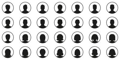 Circular Avatar Head Icons for Profile Identification and User Interface Elements Solid Icon Set. Generic Person Silhouettes in Round Frames Symbol Collection. Isolated Illustration vector