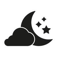 Crescent Moon With Cloud And Stars Solid Icon. Nighttime Weather, Sleep, And Dreaming Silhouette Symbol. Celestial And Atmospheric Conditions. Isolated Illustration vector