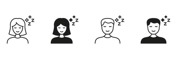 Sleeping Person Line And Solid Icon Set. Relaxation, Rest, And Sleep Symbol Collection. Male And Female Characters With Sleep Symbols. Isolated Illustration vector