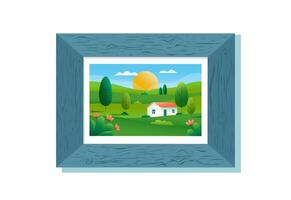 Picture of nature background in wooden frame. Room interior element. Illustration of farm and landscape. Gradient banner. vector