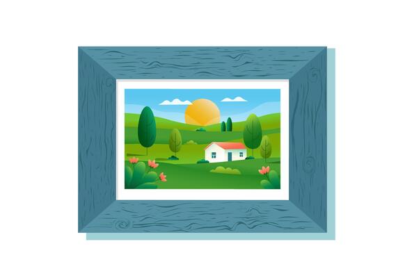 Picture of nature background in wooden frame. Room interior element. Illustration of farm and landscape. Gradient banner.
