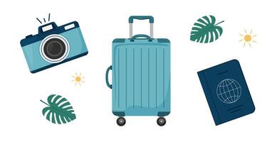 Travel set with suitcase, camera and passport on white background. vector