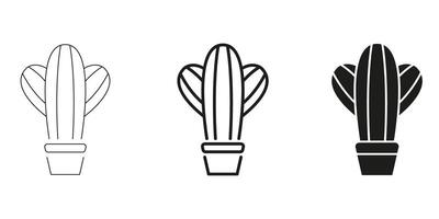 Cactus In Pot In Line, Outline, And Glyph Icon Set. Succulent Symbol Collection. Desert Plant, Botanical And Eco-Friendly Design Elements. Isolated Illustration vector