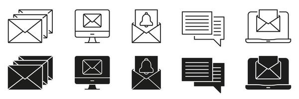 Email and Notification Interface Line and Solid Icon Set. Inbox Messaging, Digital Communication Symbol Collection. Web Interface and User Notification Toolkit. Isolated Illustration vector