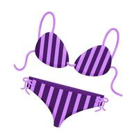 Purple striped bikini top and bottom with side strings, summer beachwear vector