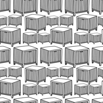 Seamless pattern featuring various styles of wooden cribs and playpens on a white background in a playful arrangement vector