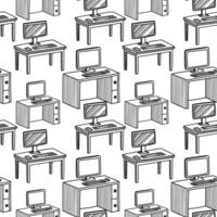 Seamless pattern featuring a variety of desks with computers in a repetitive design suitable for various projects vector