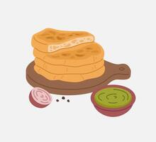 Stack of Naan Bread with Chutney and Onion Illustration vector