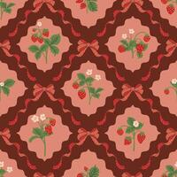 Red wild strawberry coquette ribbon bow, trellis checkered seamless pattern Damask Rhombus Background vector