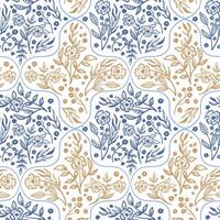 Damask floral, hand drawn seamless pattern. simple meadow flower botanical texture for rustic textile vector