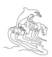 Continuous one line drawing of dolphin. Line Art. Hand drawn illustration of a dolphin diving in the sea waves. One single line drawing of dolphin for company vector