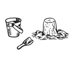Bucket and spade. Sand in bucket sketch. Hand draw plastic kid toy. Children play on beach. Summer icon vector