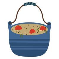 Hand drawn camping blue pot with handle and soup in it illustrations, tomatoes, greeneries vector