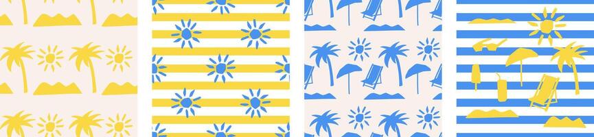 Tropical summer shapes seamless pattern set. Modern Tropical design with palm trees, stripes, and sun motifs in yellow and blue for paper, cover, fabric and other users vector