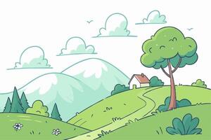Cartoon Countryside Landscape Rolling Hills, House, Tree vector