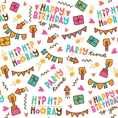 Seamless Birthday Party Patterns On White Background For Paper Gift Wrap And Fabric Print