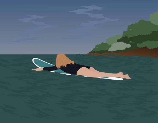 Surfing at sunset. Girl on a board in a tropical sea. Evening sky, calm waves.