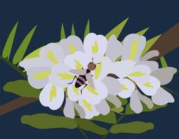 Blooming branch with flowers with a bee. Branch of blooming flower in flat design style. vector