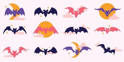 Halloween Collection Bat Silhouettes with Stars, Moon, Clouds Isolated on White Background. Playful flying bats with spooky vibe, perfect for party invitations, print, fashion, cards, posters, web vector