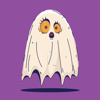 Scary Ghost Icon in Hand Drawn Style for Halloween. Spooky cartoon character. Ghost icon. Playful night spirit with decorations. perfect for cards, patterns, print, web