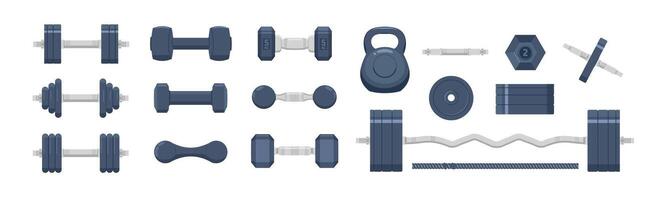 illustration of a set of barbell or dumbbell weights in various shapes and sizes. design for gym, bodybuilding or sports vector