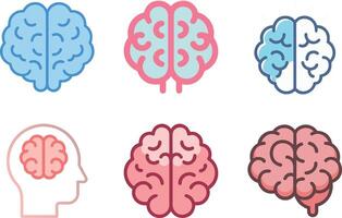 Six icon Different Artistic Illustrations of the Human Brain in Various Colors and Styles vector