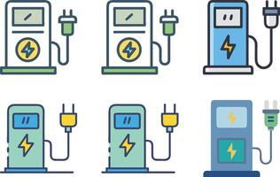 Six icon Electric vehicle charging station illustration set in multiple color variations vector