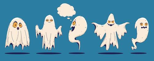 Halloween Set of Cute Ghosts in Hand Drawn Style isolated on Blue Background. Spooky cartoon character. Ghost icon. Playful night spirit with decorations. perfect for cards, patterns, print, web vector