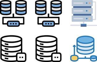 Six icon Illustrations depicting database server connections and data storage with networking symbols vector