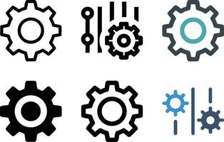 Six icon Assortment of Gear Illustrations Representing Technology, Settings, and Machine Components vector