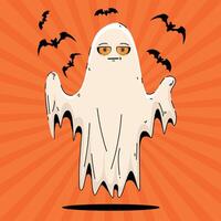 Halloween Cute Ghost in Hand Drawn Style with Bats and Rays. Spooky cartoon character. Ghost icon. Playful night spirit with decorations. perfect for cards, patterns, print, web vector