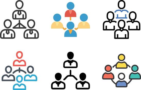 Six icon Various Organizational Hierarchy Charts Representing Team Structures and Management Styles vector