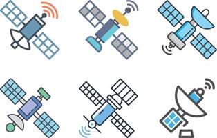 Six icon Collection of colorful Satellite icons with detailed solar panels and signals vector